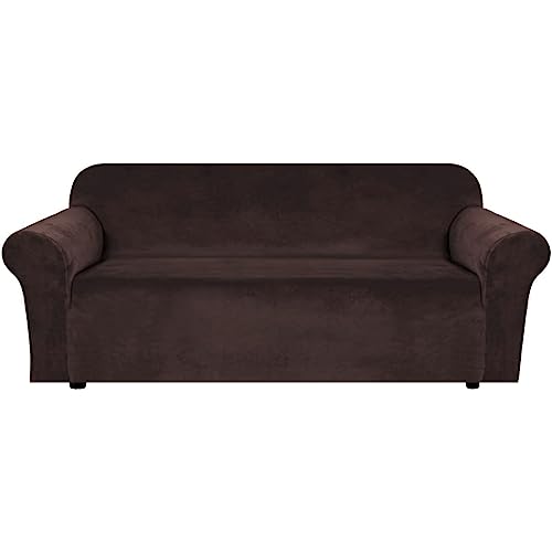 H.versailtex Stretch Velvet Sofa Covers For 3 Cushion Couch Covers Sofa Slipcovers Furniture Protector Soft With Non Slip Elastic Bottom, Crafted From Thick Comfy Rich Velour (Sofa 72'-90', Chocolate)