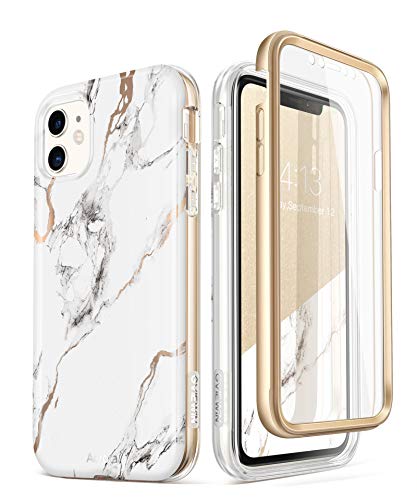 Gviewin Designed For Iphone 11 Case 6.1 Inch, [Built-In Screen Protector] [Full-Body Protection] Stylish Marble Shockproof Protective Phone Case Slim Thin Cover (2019 Release) (White/Gold)