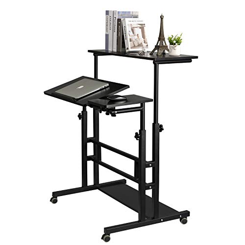 Siducal Mobile Standing Desk, Rolling Ajustable Computer Desk, Mobile Computer Workstation Adjustable Desks For Home Office For Stand Up, Black