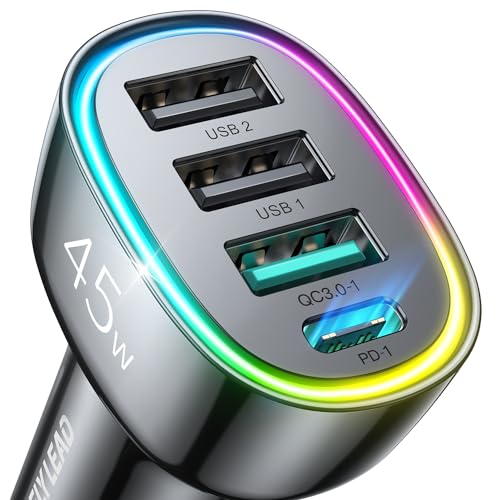 Usb C Car Charger, 45W 4 Ports Super Fast Car Charger Adapter, Pd3.0 &Amp; Qc3.0 30W Type C Car Charger Compatible With Iphone 15/14/13/12/11, Samsung Galaxy S24 Ultra/S23, Cigarette Lighter Usb Charger