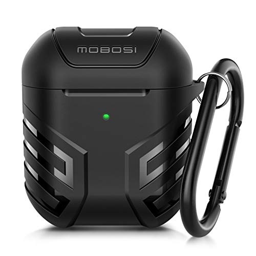 Mobosi Military Cover Designed For Airpods 2 &Amp; 1, Full-Body Protective Vanguard Armor Series Case With Keychain, Wireless Charging Case, Black [Front Led Visible]
