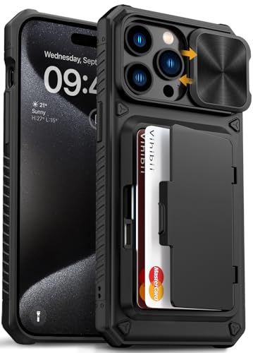 Vihibii For Iphone 15 Pro Max Case With Card Holder (4 Cards) &Amp; Slide Camera Cover &Amp; Kickstand, Military Grade Drop Protection, Rugged Hard Back &Amp; Silicone Edge Wallet Phone Case, 6.7' 2023, Black