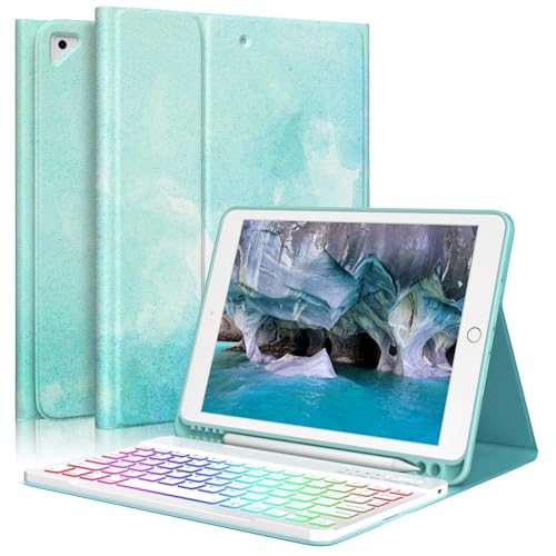 New Ipad 9Th Generation Keyboard Case 10.2'(2021)/8Th Gen/7Th Gen,7 Colors Backlit Detachable Keyboard Case For Ipad 10.2' /Ipad Air 3 10.5'(3Rd Gen)/Ipad Pro 10.5' With Pencil Holder-Lake Blue