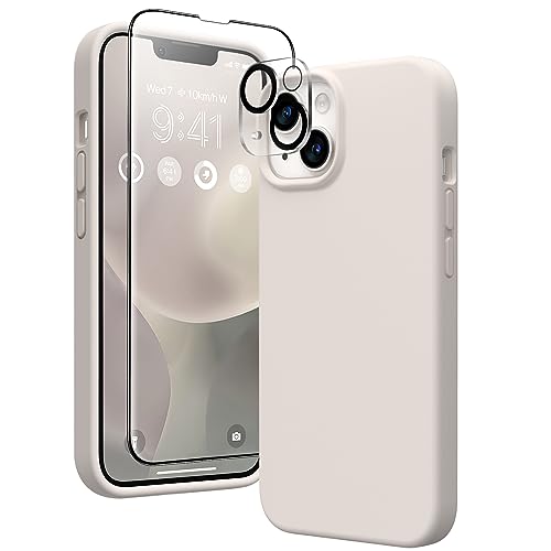 Gonez For Iphone 14 Case Silicone, With 2X Screen Protector + 2X Camera Lens Protector, [Soft Anti-Scratch Microfiber Lining], Liquid Silicone Shockproof Protective Phone Cover 6.1', Stone