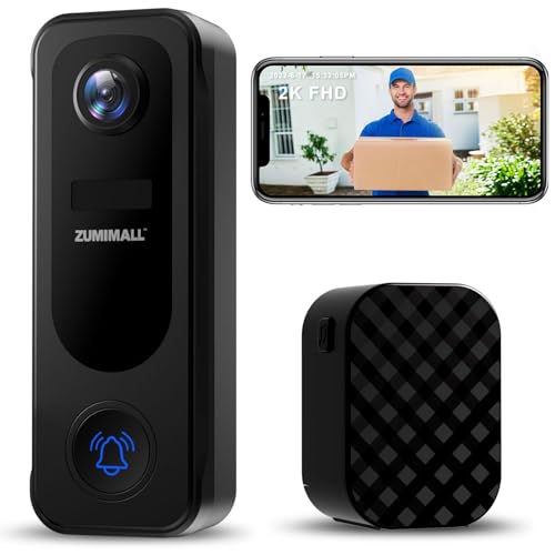 Zumimall Doorbell Camera Wireless 2K, Video Doorbell With Chime, 2 Way Audio, Voice Changer, 30S Voice Message, Anti-Theft, Ai Detection, Cloud Storage, 2.4Ghz Wifi, Battery Powered, Work With Alexa