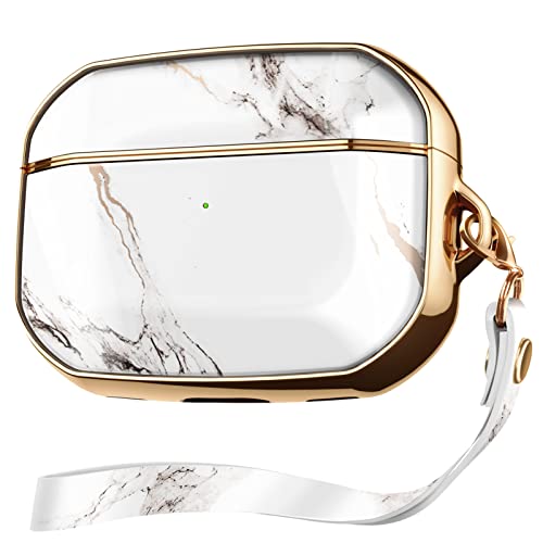 Gviewin For Airpods Pro Case, Marble Full Body Protective Hard Shell Women Cover With Wrist Strap For Airpods Pro Case(2019) [Front Led Visible] (White/Gold)