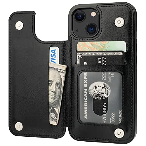 Onetop Compatible With Iphone 13 Wallet Case With Card Holder, Pu Leather Kickstand Card Slots Case, Double Magnetic Clasp Durable Shockproof Cover 6.1 Inch(Black)