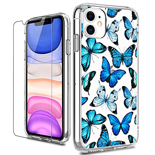 Luhouri Designed For Iphone 11 Case With Screen Protector - Slim Fit, Sturdy Clear Acrylic Cover For Women And Girls - Protective Phone Case 6.1' - Floral Blue Butterflies