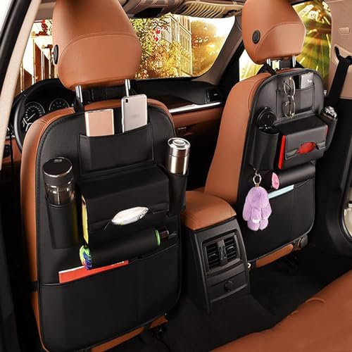 Sanmitti 2 Pack Pu Leather Premium Car Seatback Organizer Travel Accessories Kick Mats Back Seat Protector And Cup Holder Holder Universal Use Seat Covers Black