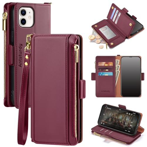 Antsturdy Compatible With Iphone 12 Wallet Case,Rfid Blocking Pu Leather Phone Case Women Men Kickstand Flip Cover Wrist Strap Zipper Credit Card Holder Slots,For Apple 12 Pro 6.1',Wine Red