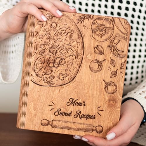 Enjoy The Wood Personalized Recipe Book Binder - Wooden Blank Family Cookbook Journal To Write In Your Own Recipes - Customized Recipe Binder, Recipe Books To Write In, Hardcover (Medium (A5), Pizza)