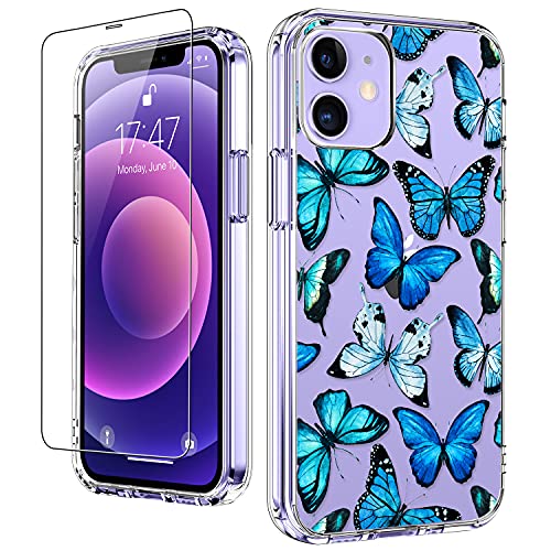 Luhouri Designed For Iphone 12 Case,Iphone 12 Pro Case With Screen Protector - Slim Fit, Sturdy Clear Acrylic Cover For Women And Girls - Protective Phone Case 6.1' - Floral Blue Butterflies