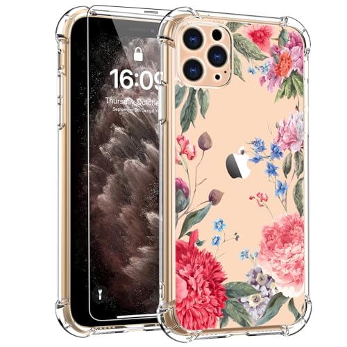 Luxveer For Iphone 11 Pro Case With Screen Protector - Stylish Elegant Floral Design On Soft Clear Tpu - Slim Fit, Protective Phone Cover For Women And Girls - Beautiful Flowers