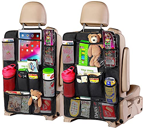 Justtop Black Car Backseat Organizer With Touch Screen Tablet Holder, 9 Storage Pockets Kick Mats Car Seat Back Protectors For Kids Toddlers, Car Travel Accessories, 2 Pack