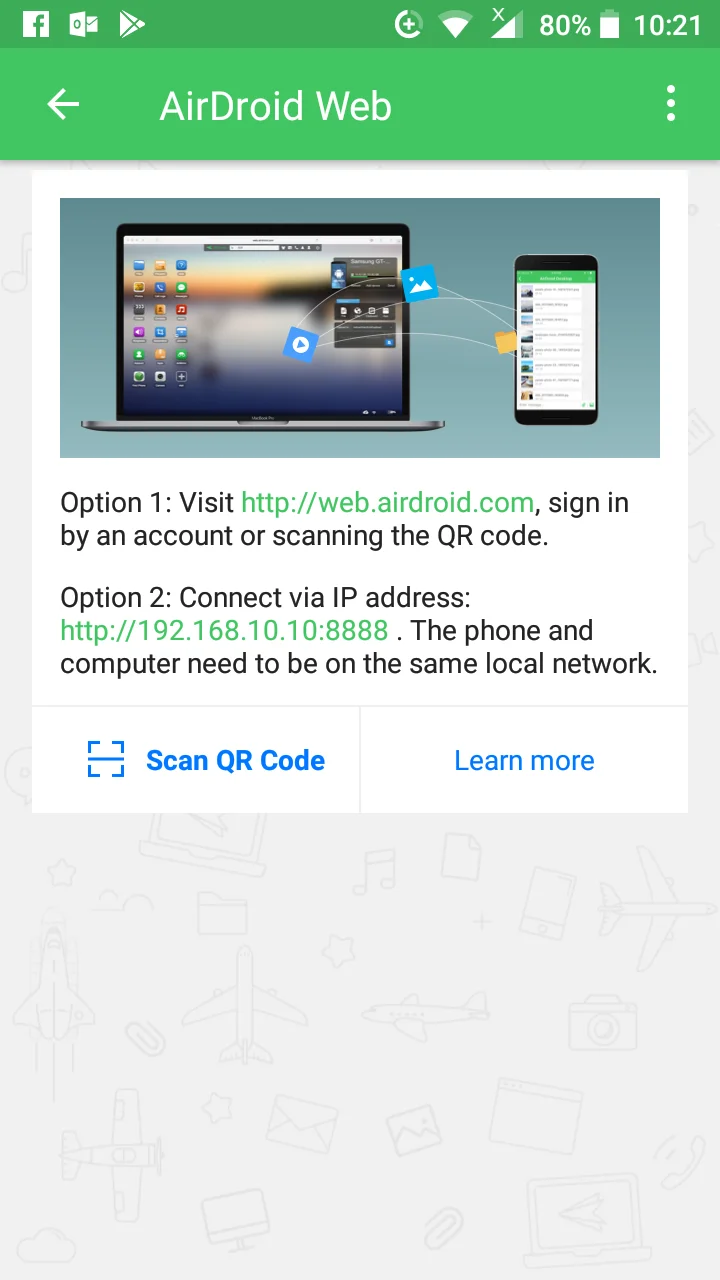 How To Control Your Android Phone Directly From Your Pc 2 The Airdroid Android App Showing The Available Connection Methods