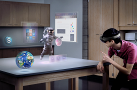 A person playing an augmented reality game using Microsoft Hololens