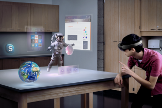 A person playing an augmented reality game using Microsoft Hololens