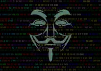 Anonymous mask hacking illustration with 1 0 bits in background