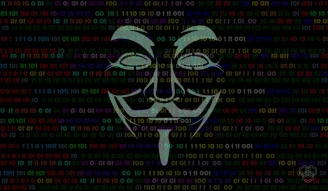 Anonymous mask hacking illustration with 1 0 bits in background