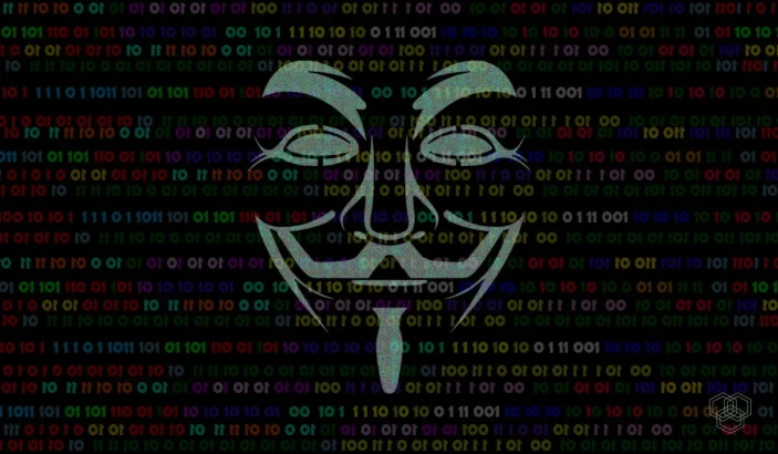 Anonymous mask hacking illustration with 1 0 bits in background