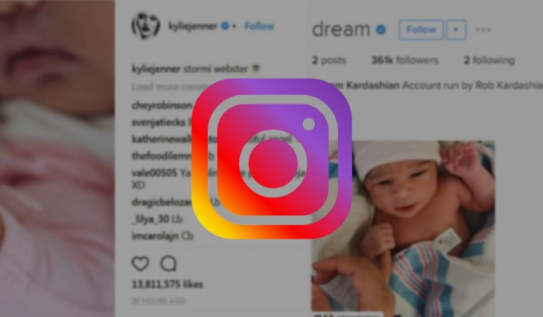 Image contains Instagram logo with Kendall Jenner's baby Dream's account