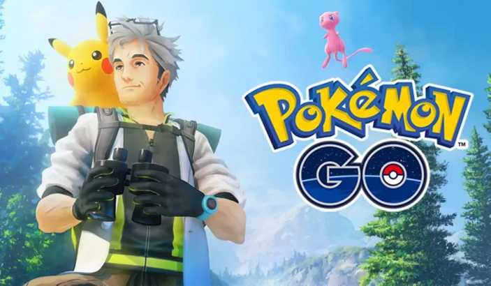 image contains pokemon go logo with pikachu and a trainer