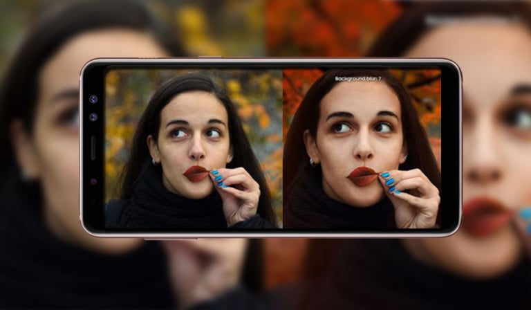 Image contains Samsung Galaxy A8 Star with two images of the same girl in different modes