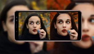 Image contains Samsung Galaxy A8 Star with two images of the same girl in different modes