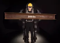 human wearing sarcos exoskeleton suit