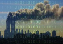 design shows twin towers in the background, the dark overlord publishing hacked 9/11 documents
