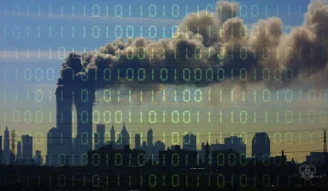 design shows twin towers in the background, the dark overlord publishing hacked 9/11 documents