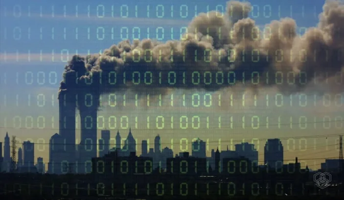 design shows twin towers in the background, the dark overlord publishing hacked 9/11 documents