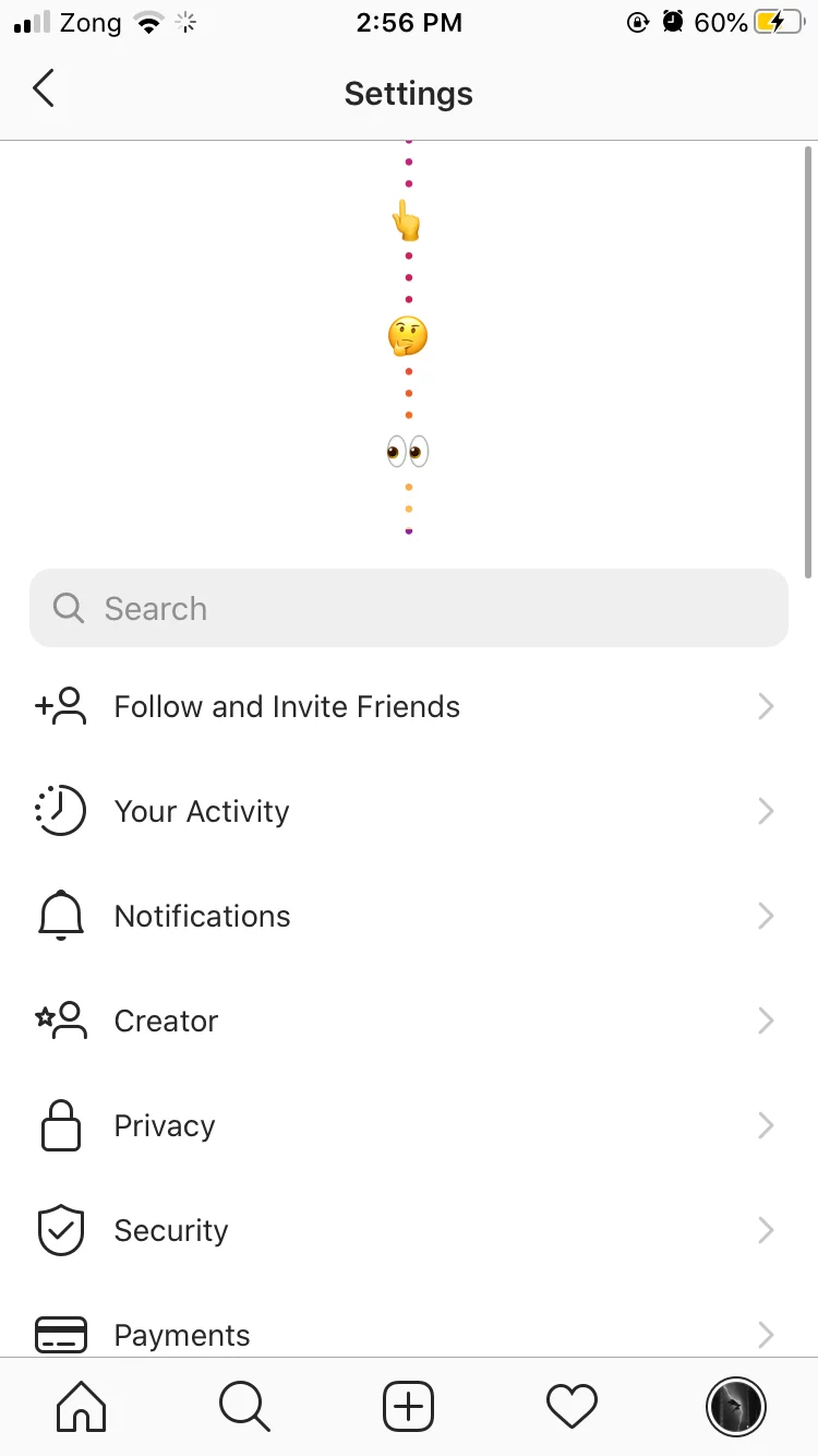 Pulling Down On The Instagram Settings Screen To Reveal The Hidden Icon Menu