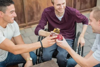 Three guys sharing a toast