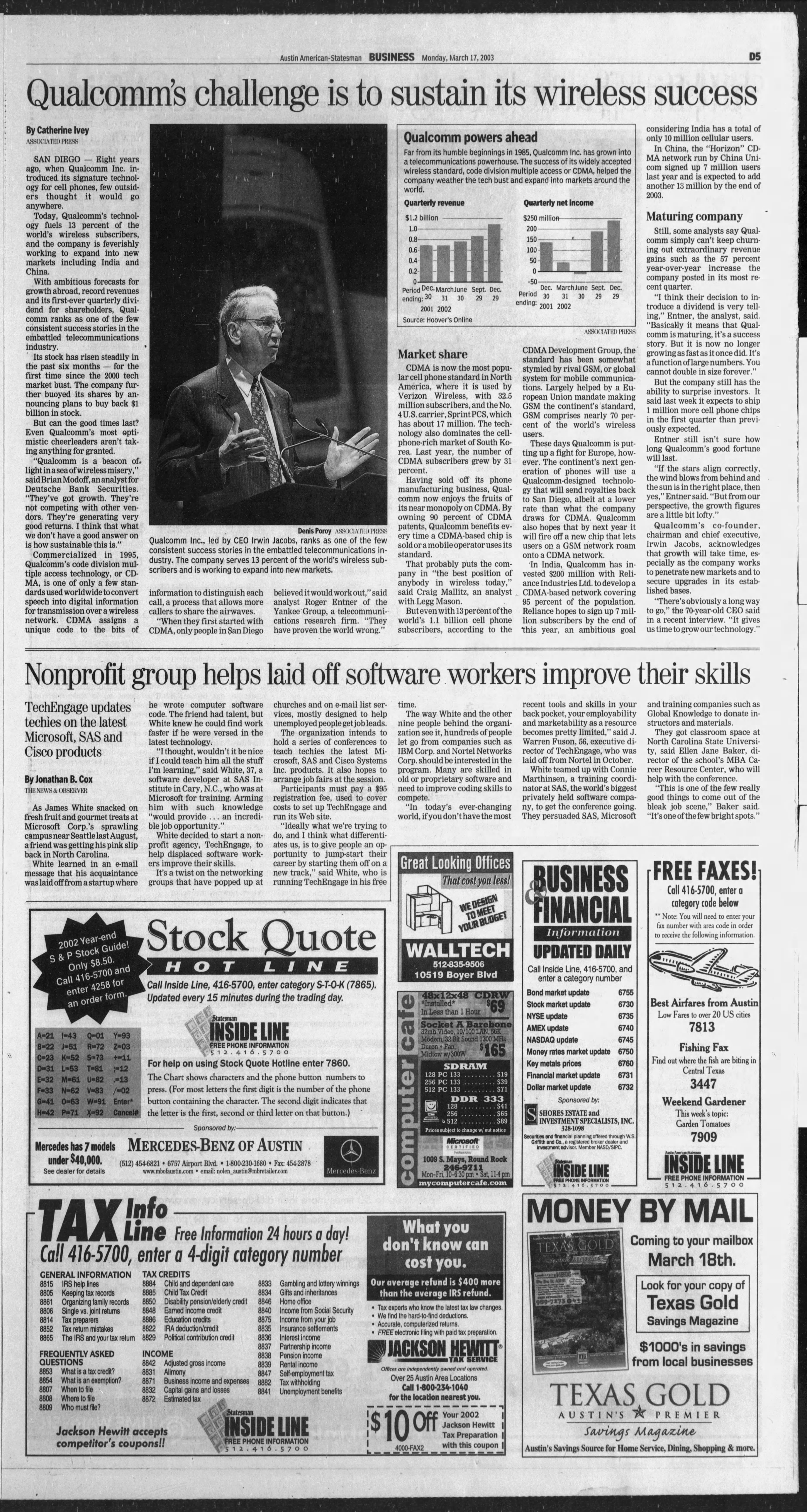 Austin American-Statesman Clipping About Techengage, March 17, 2003