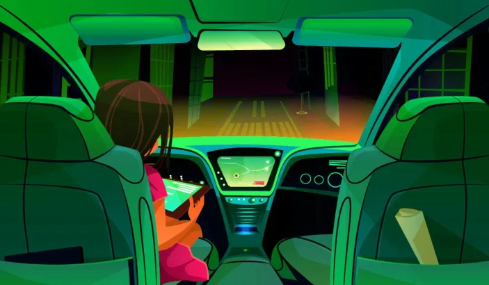 An illustration of autonomous car driving itself on road while a girl uses her tablet