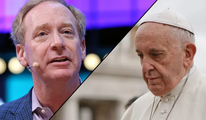 Two image collage of Microsoft President and Pope Francis