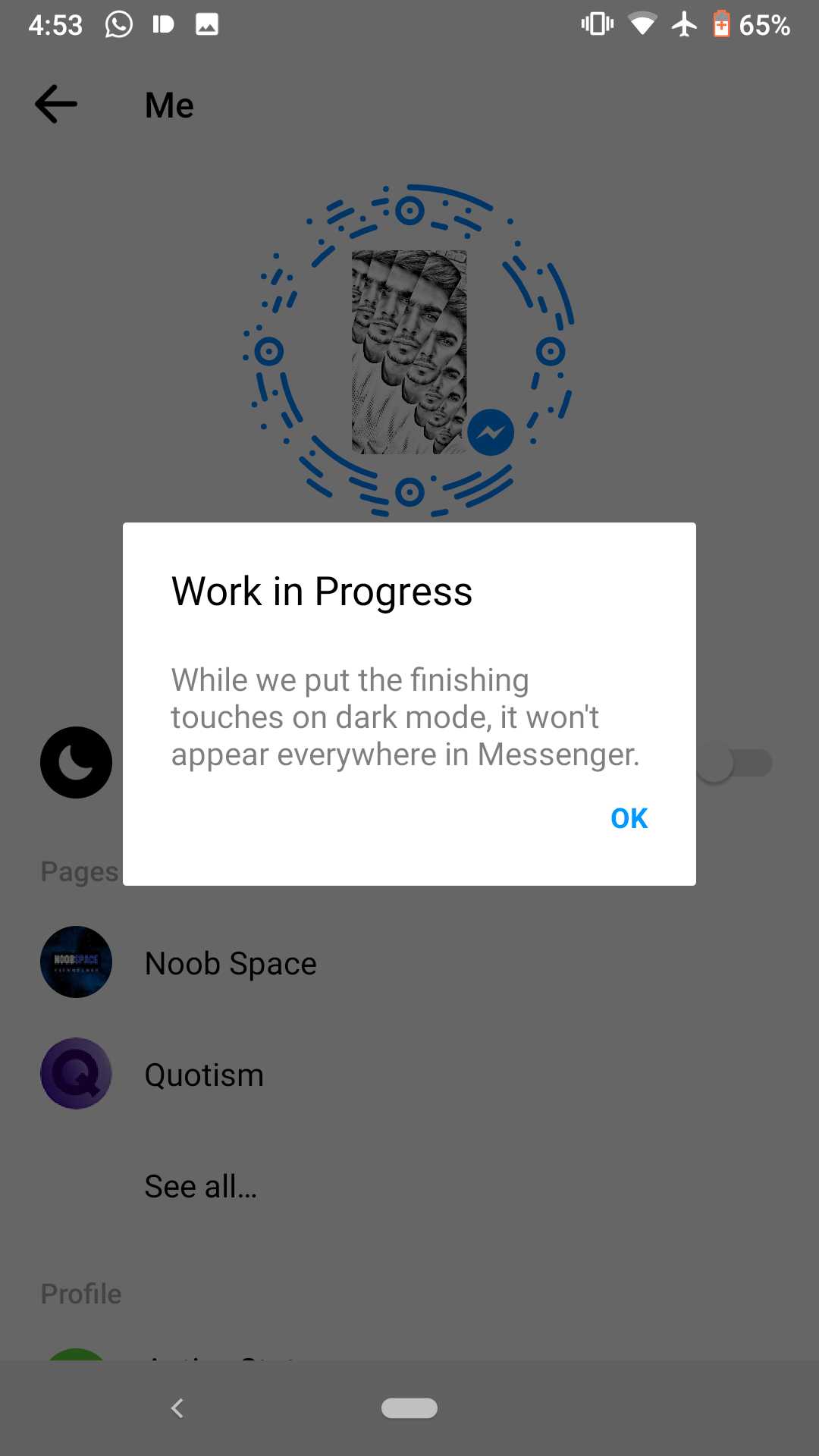 A Screenshot Of A Pop-Up Message About Dark Mode In Messenger Settings