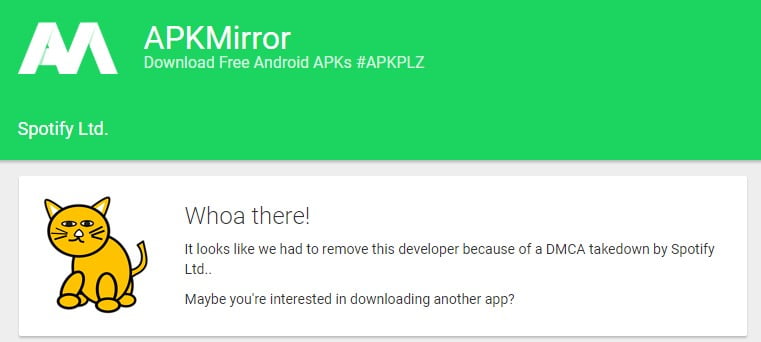 Screenshot Of Apk Mirror Website With Spotify Category Showing Dmca Take Down Message