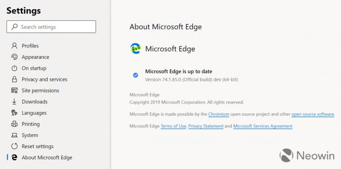 About Page Screenshot Of Microsoft Edge'S Chromium Builds