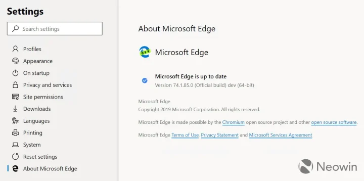 About Page Screenshot Of Microsoft Edge'S Chromium Builds