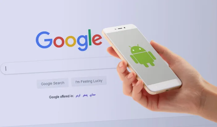 A picture of Android phone with Google search logo in background