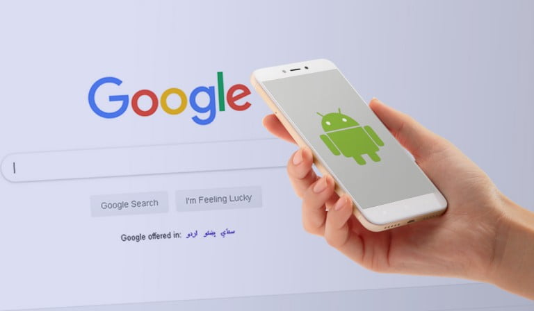 A picture of Android phone with Google search logo in background