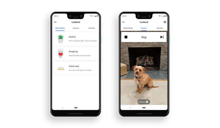 Mockups of two Google Pixel 3 XL showing Google Lookout running