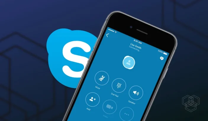 An featured image design with skype logo and an iPhone mockup with skype running on it
