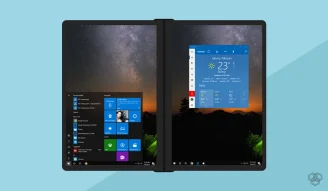 a concept design of a dual screen windows device running