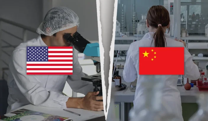 a collage of two images with US and China flags on it showing US and Chinese scientists working in different labs