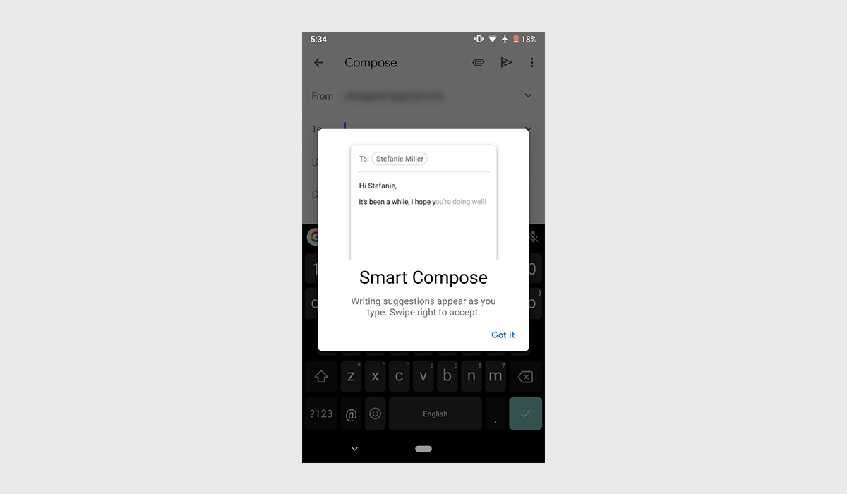 Gmail Smart Compose Enabled Pop-Up Notification