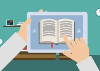 An illustration of a tablet in hand with an ebook open, a person using an old tablet as an ebook reader