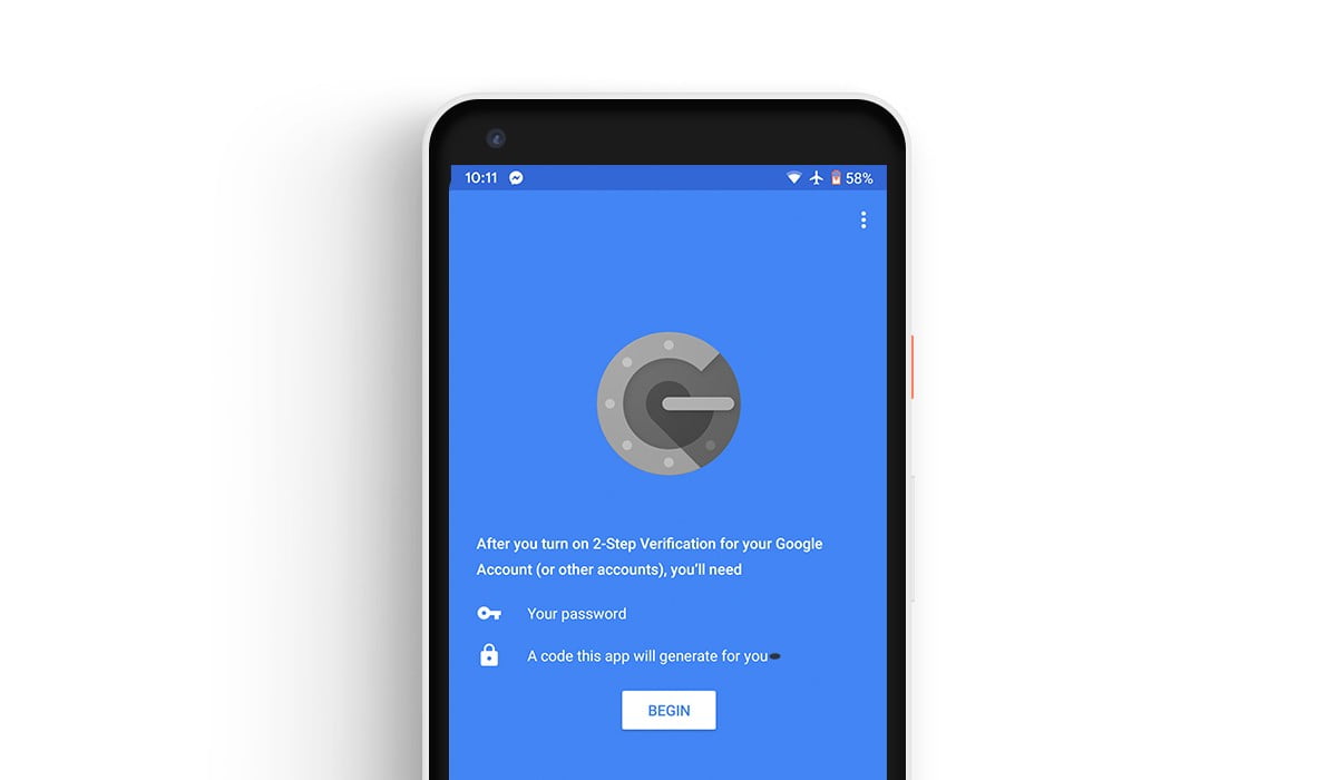 A screenshot of Google Authenticator app in a Pixel 2 XL mockup